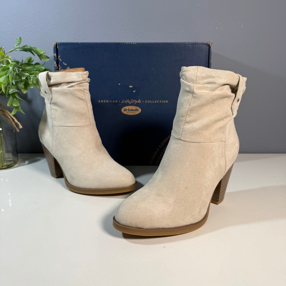 Dr Scholls Women's Beige Suede Block Heel Ankle‎ Boots Side Zip Size